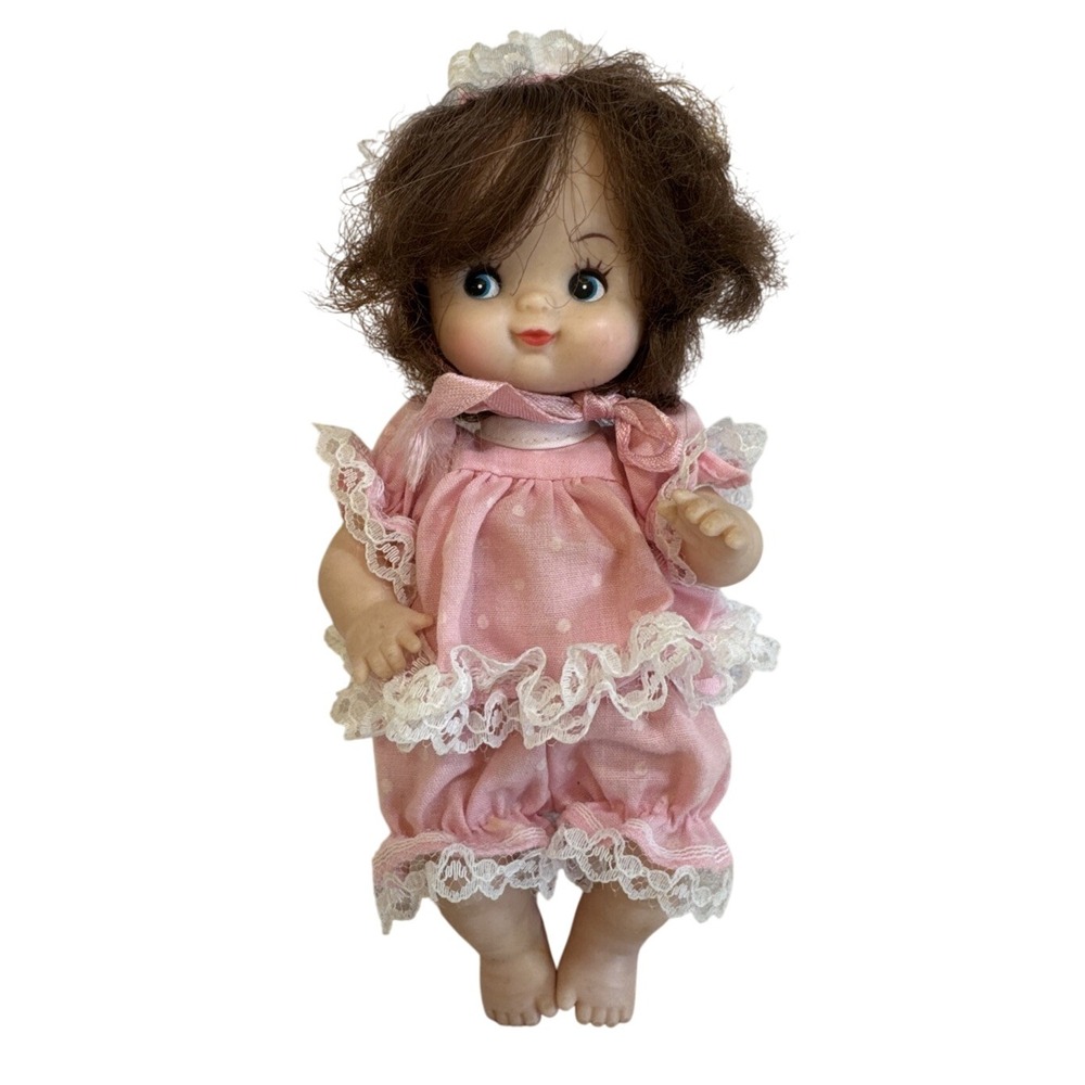 Vintage Rubber Face Doll Pink Lace Outfit‎ Curly Brown Hair Blue Eyes Cute